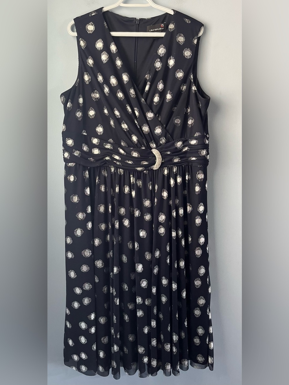 Laura Navy Metallic Silver Faux Wrap Sleeveless Midi Dress Rhinestone Size 18W